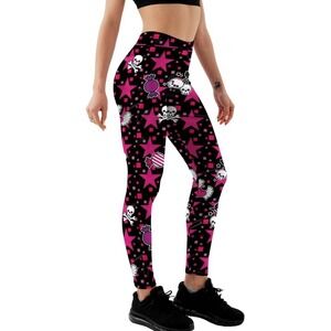Pink Star Skull Candy Leggings Fun Print Festival Rave Party Halloween Costume M